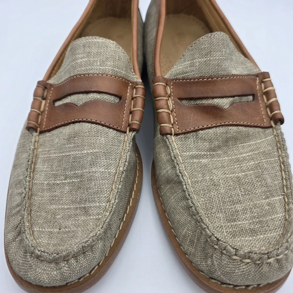G.H. Bass Weejuns Larson Loafer Tan Beige Canvas Brown Leather Shoes 9.5 D Men's